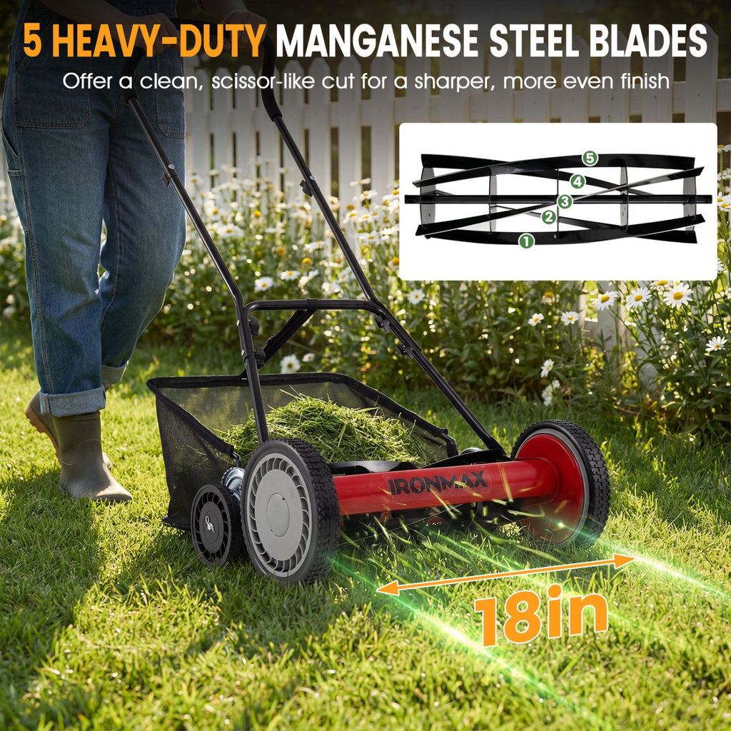 18 Inch Push Reel Lawn Mower 4-Position Adjustable with Removable Grass Catcher-Red