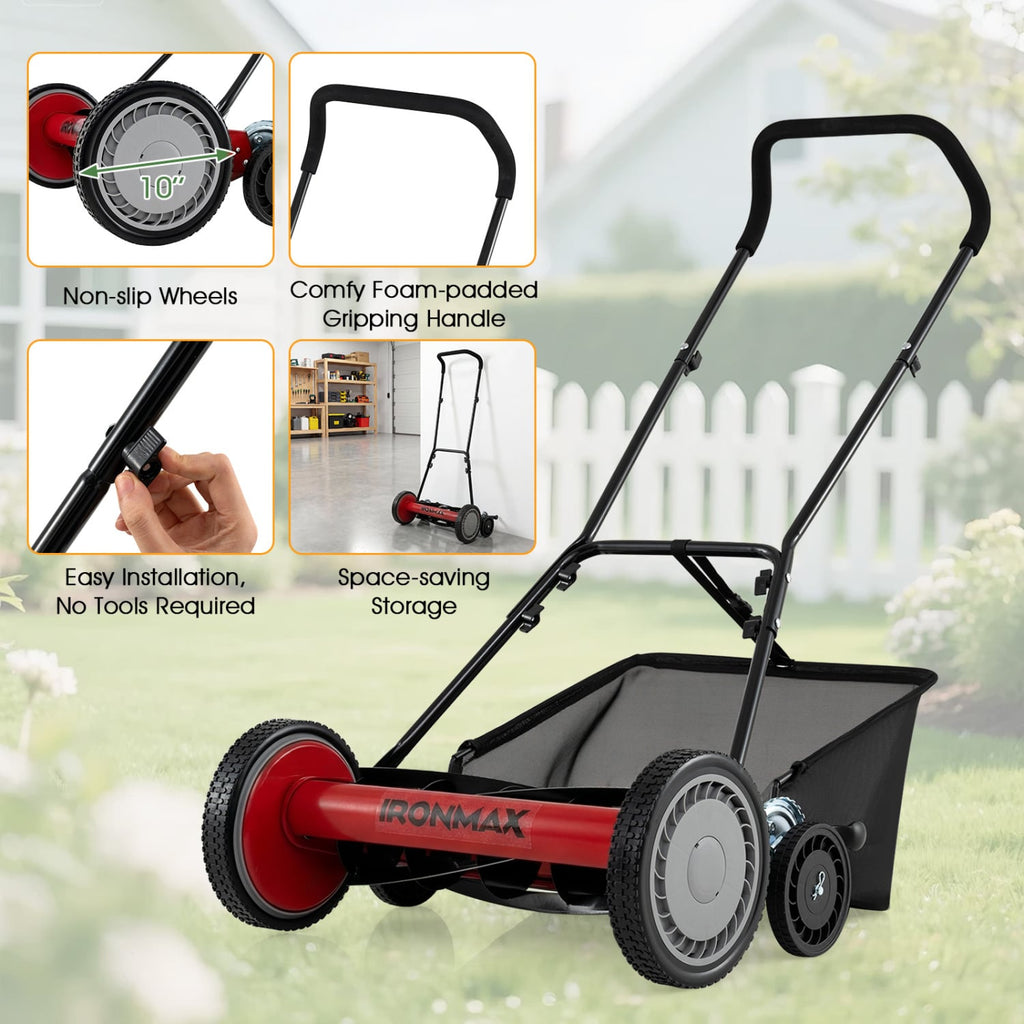 18 Inch Push Reel Lawn Mower 4-Position Adjustable with Removable Grass Catcher-Red