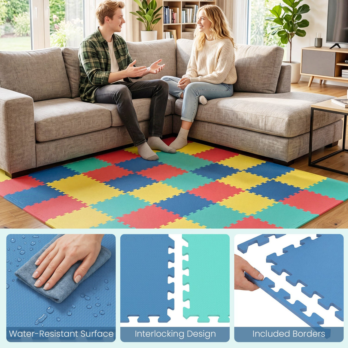 18 Pack Interlocking EVA Foam Floor Tiles with Boarders-Multicolor