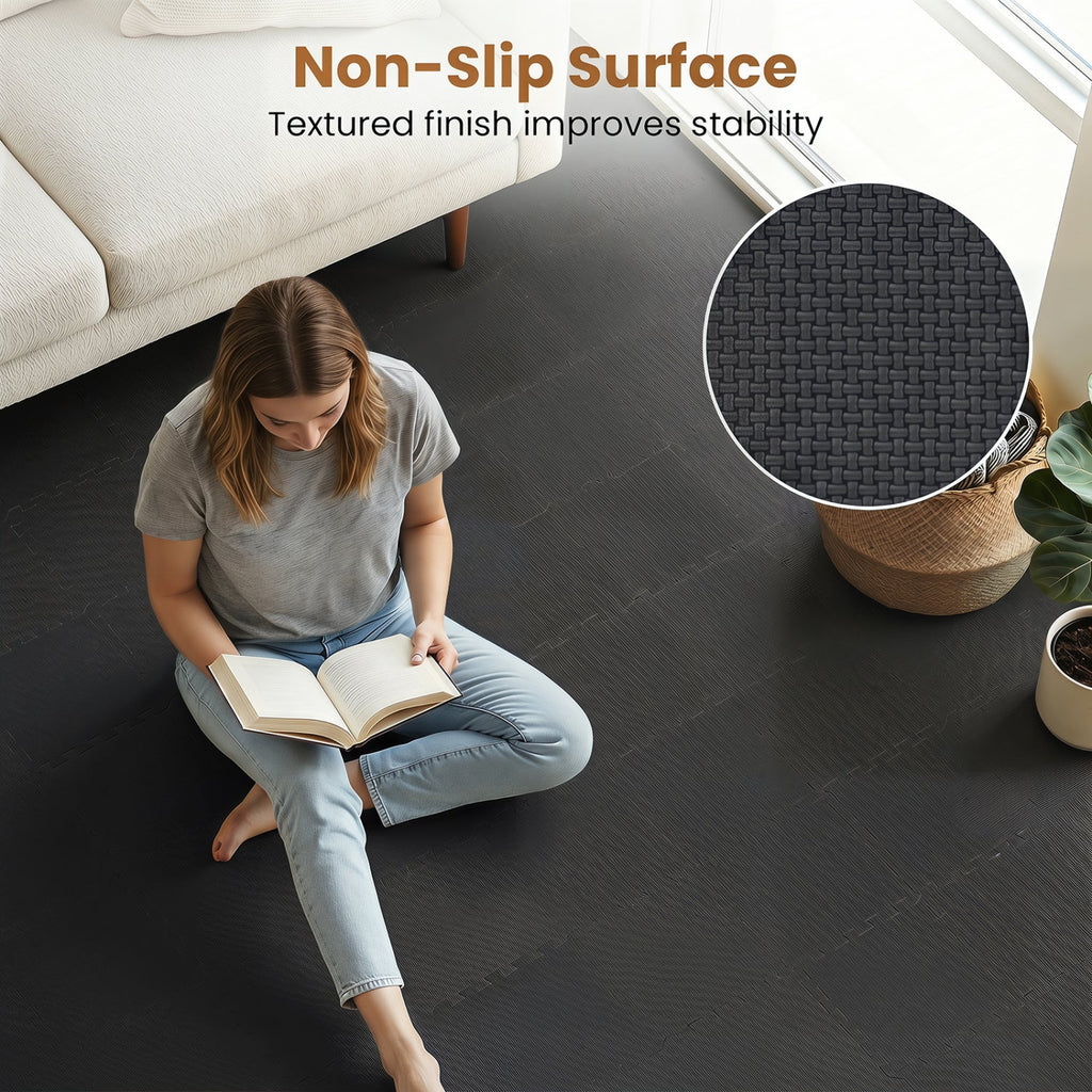 18 Pack Interlocking EVA Foam Floor Tiles with Boarders-Black
