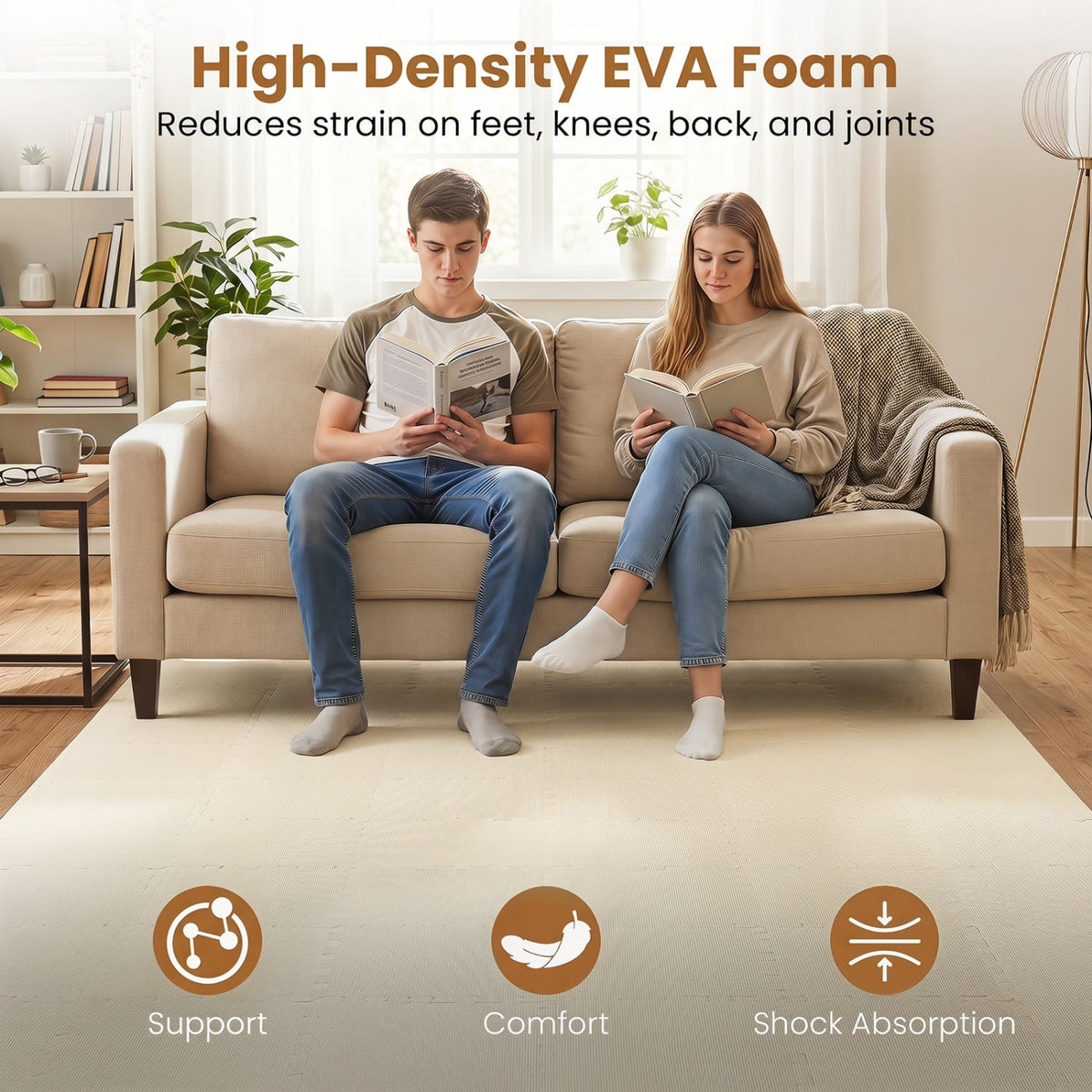 18 Pack Interlocking EVA Foam Floor Tiles with Boarders-Beige