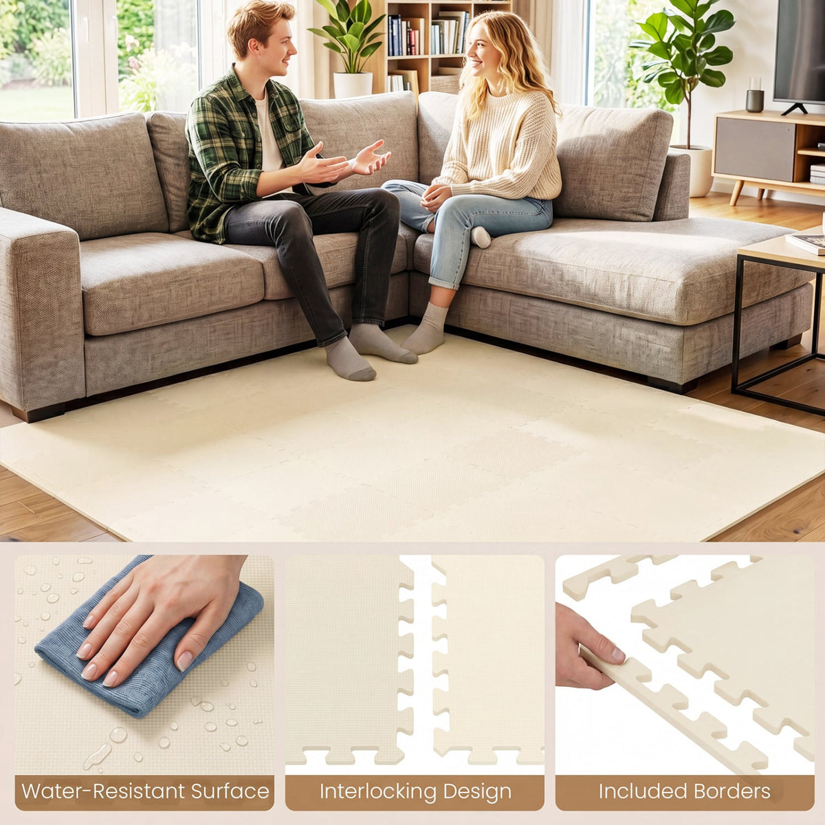 18 Pack Interlocking EVA Foam Floor Tiles with Boarders-Beige