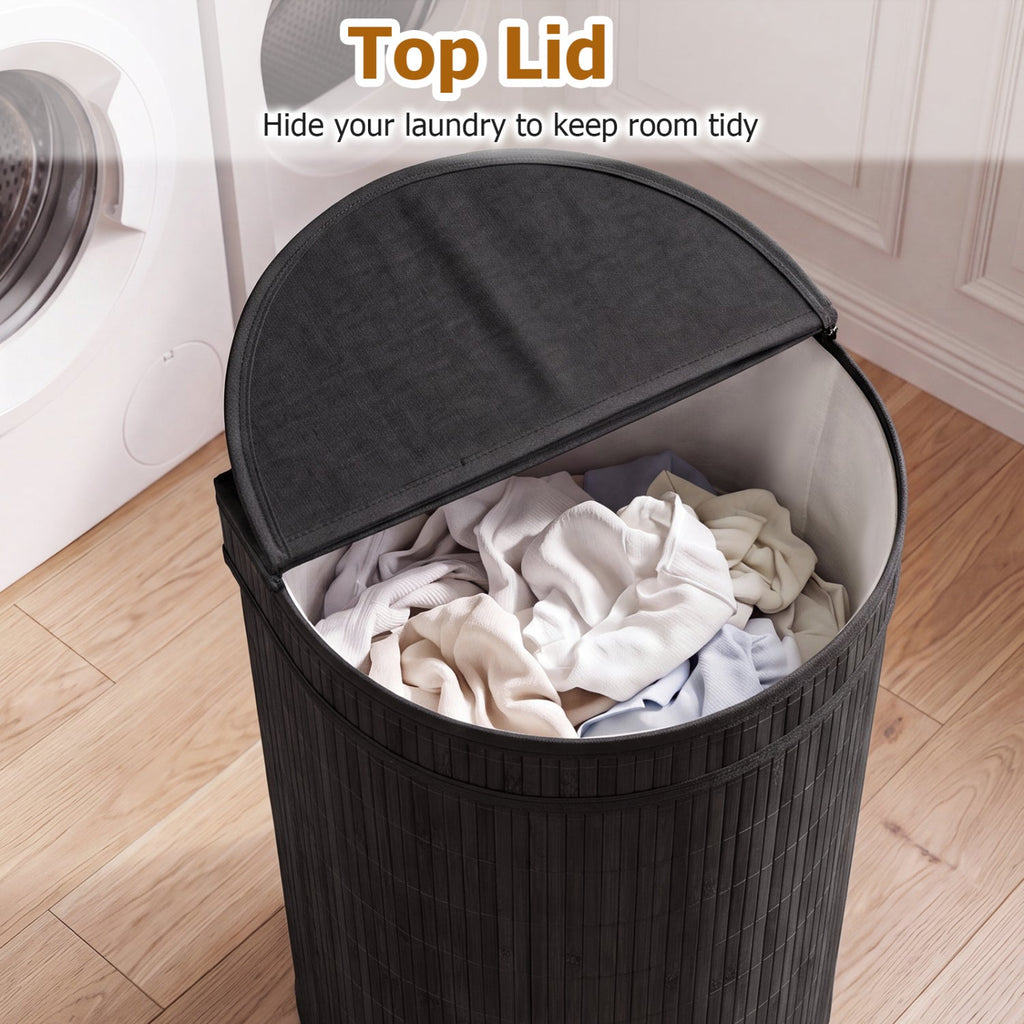 19 Gal Capacity Bamboo Laundry Hamper with Zippered Lid-Black