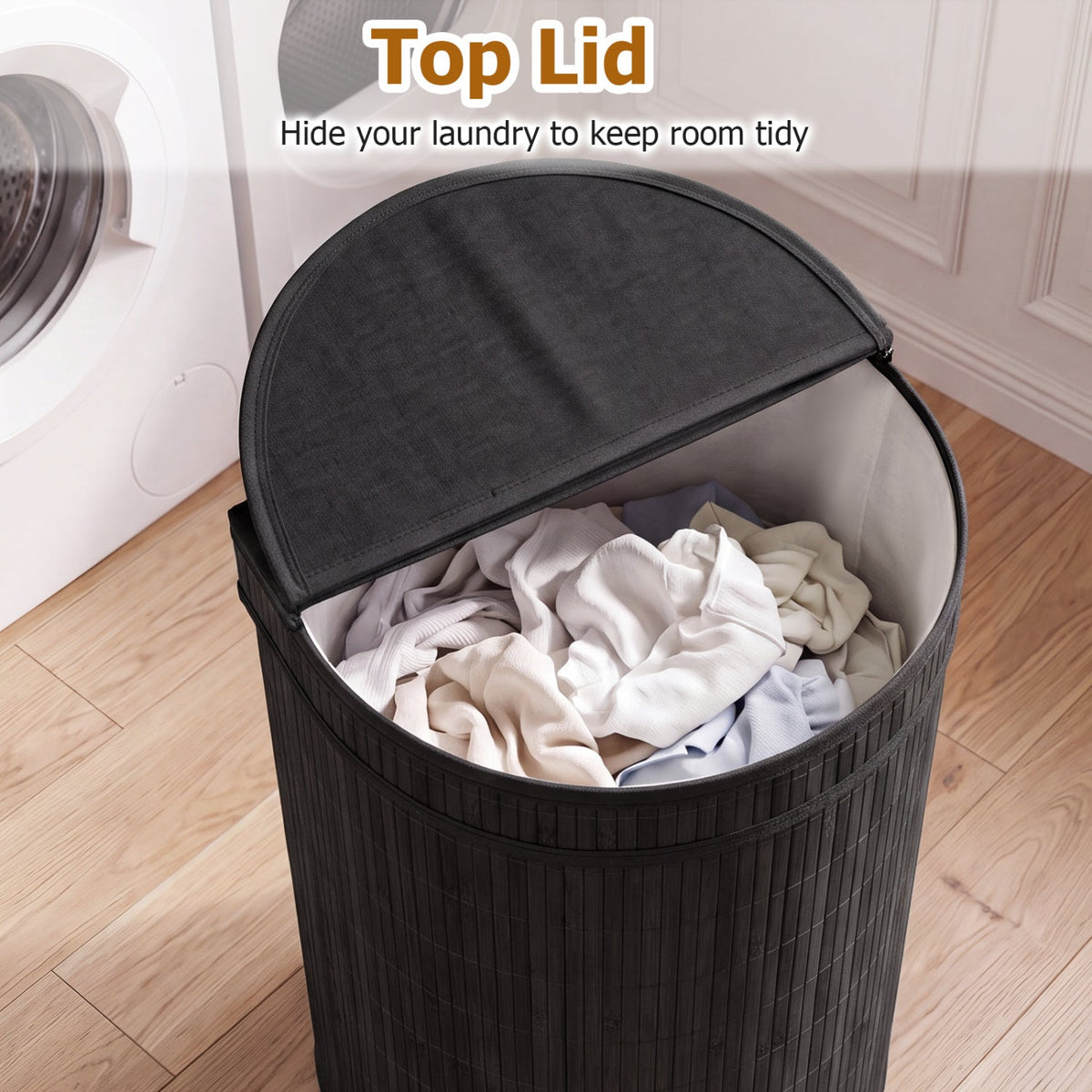 19 Gal Capacity Bamboo Laundry Hamper with Zippered Lid-Black