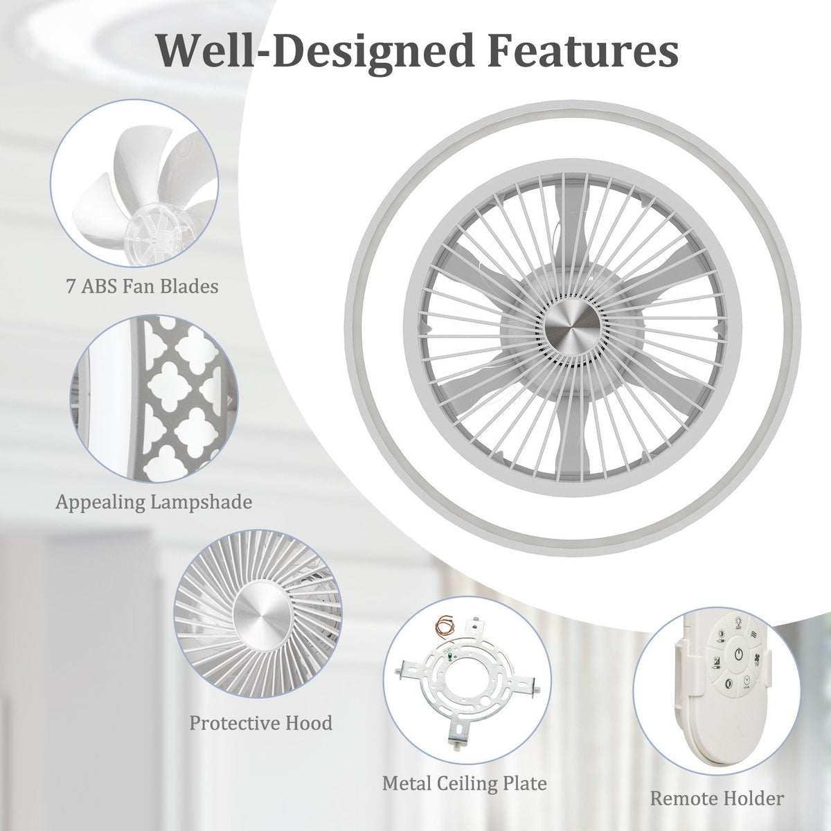 19 Inch Ceiling Fan with Light Low Profile Flush Mount Fan-White