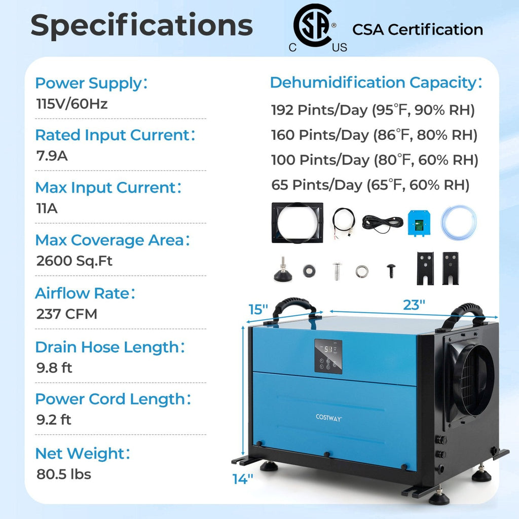 192 Pint Crawl Space Dehumidifier, 65 Pints DOE, CSA Certified, 2600 Sq Ft, 237 CFM, Blue