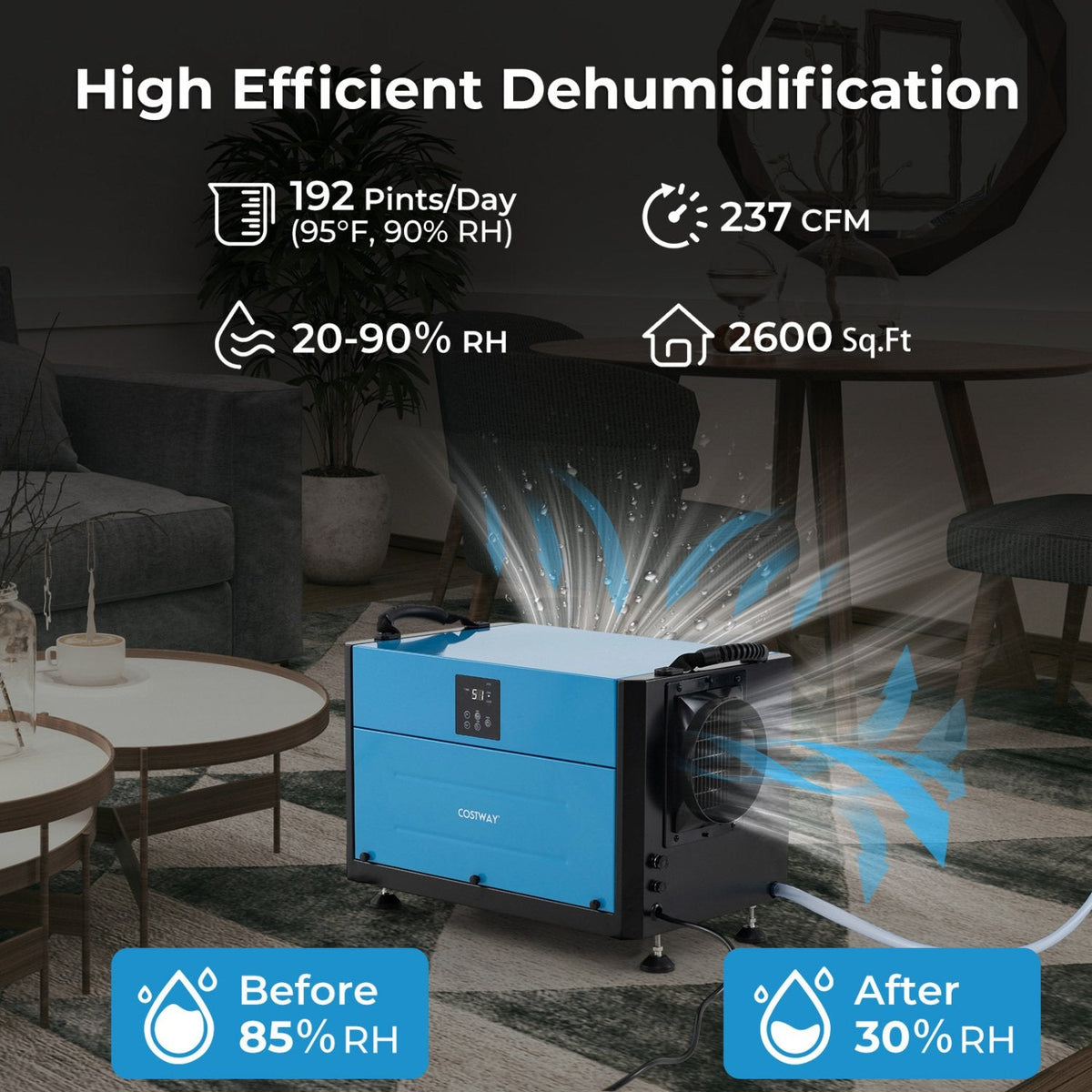 192 Pint Crawl Space Dehumidifier, 65 Pints DOE, CSA Certified, 2600 Sq Ft, 237 CFM, Blue