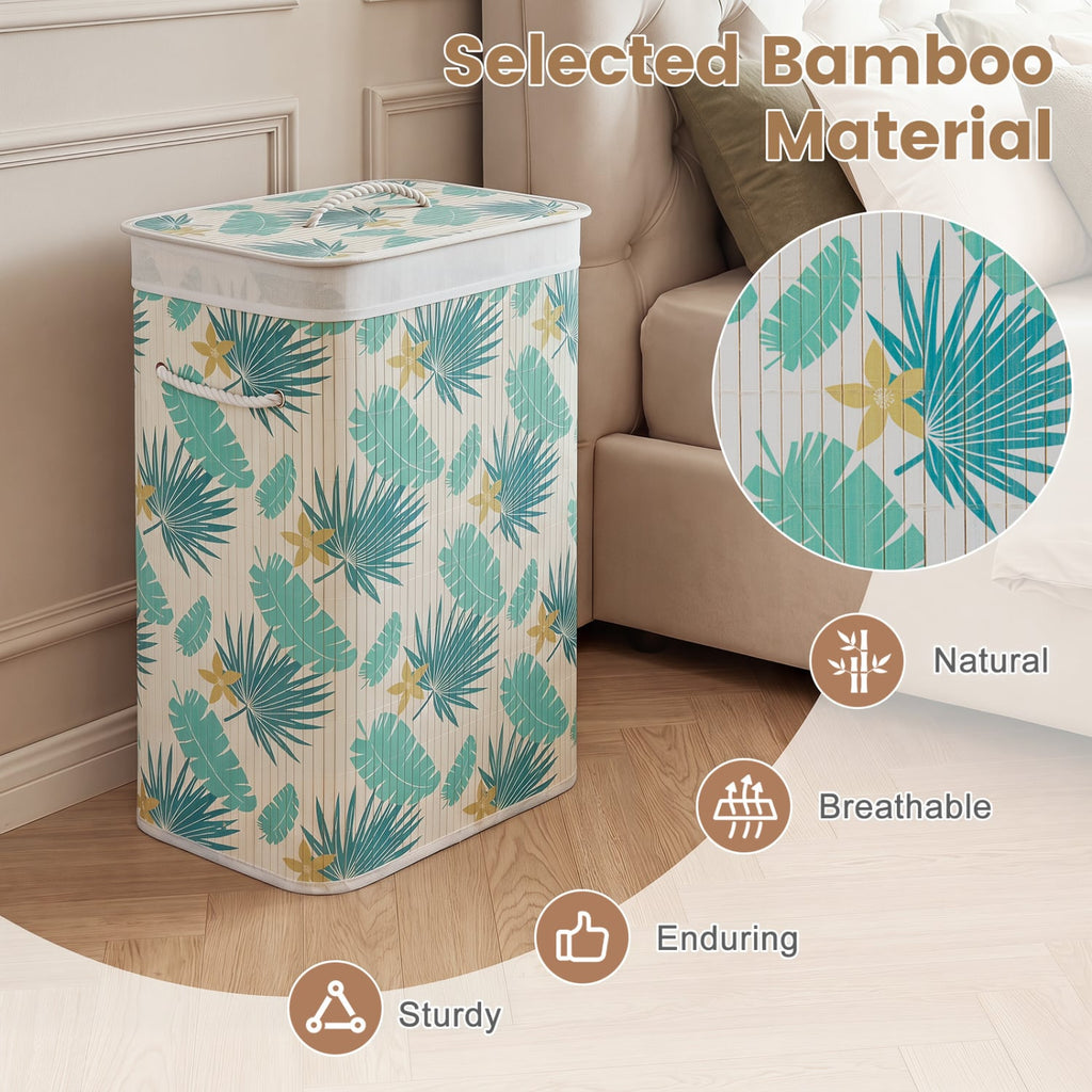 19 Gal Bamboo Clothes Hamper with Removable Liner and Portable Handles-Green