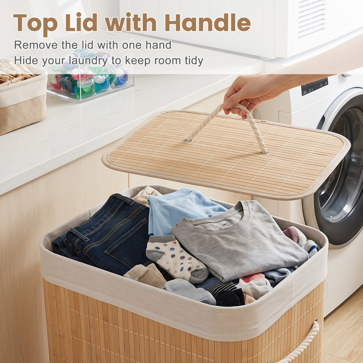 19 Gal Bamboo Clothes Hamper with Removable Liner and Portable Handles-Natrual