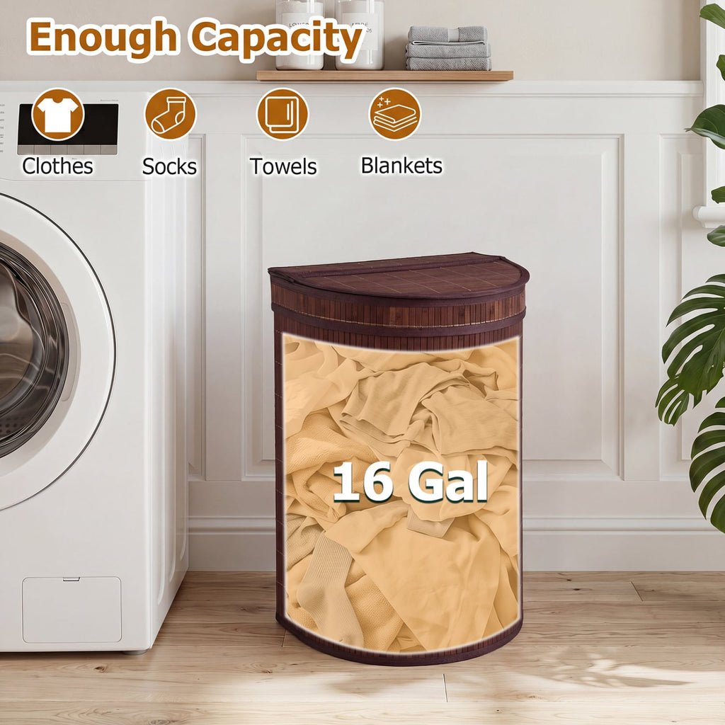 19 Gal Capacity Bamboo Laundry Hamper with Zippered Lid-Brown