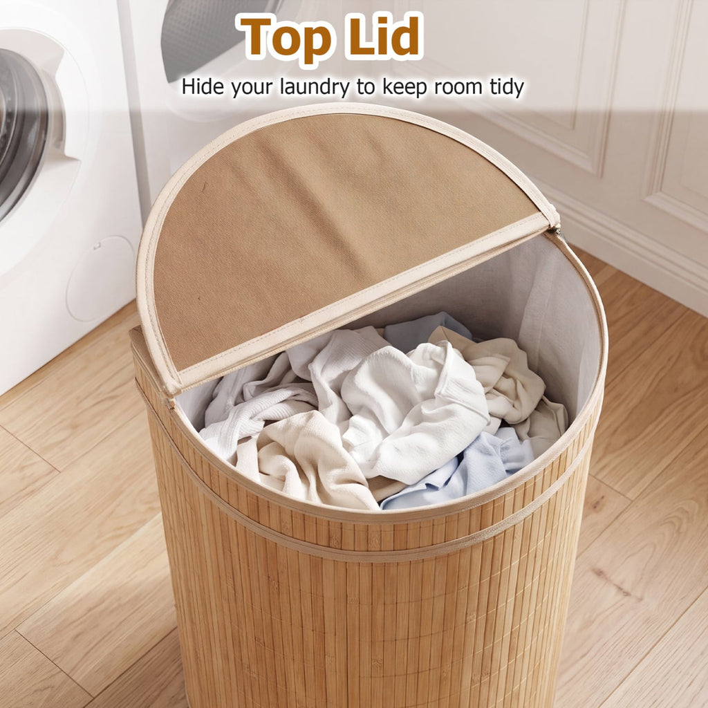 19 Gal Capacity Bamboo Laundry Hamper with Zippered Lid-Natural