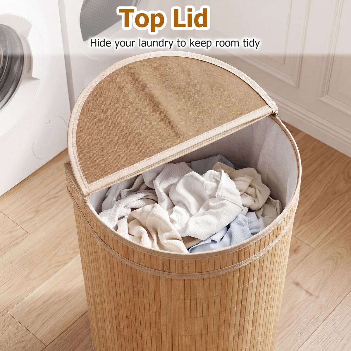 19 Gal Capacity Bamboo Laundry Hamper with Zippered Lid-Natural