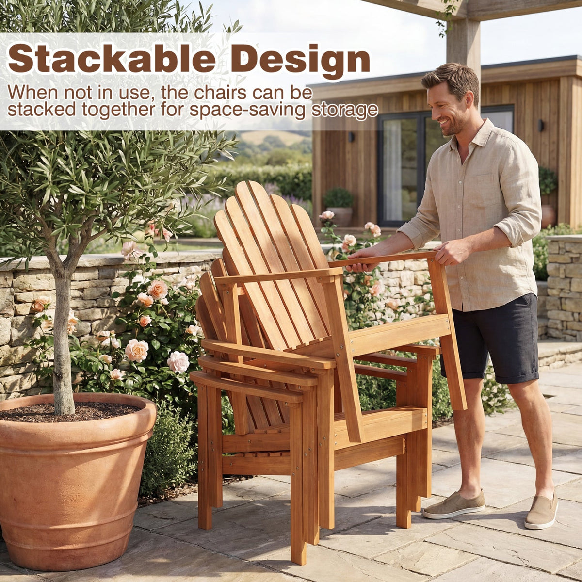 1-Pack Stackable Adirondack Chairs with Solid Acacia Wood for Patio