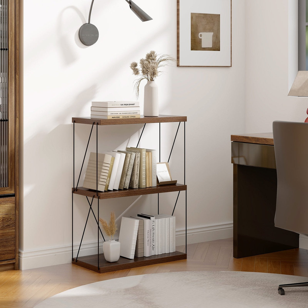 3 Tier Display Rack with Metal Frame, Walnut Shelf Unit 24 Inches Wide