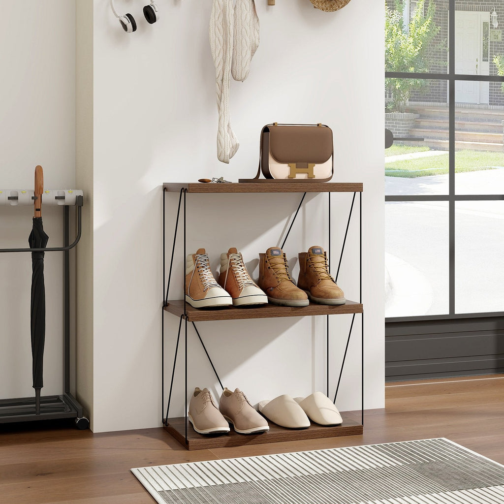 3 Tier Display Rack with Metal Frame, Walnut Shelf Unit 24 Inches Wide