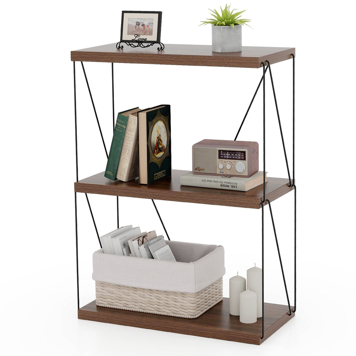 3 Tier Display Rack with Metal Frame, Walnut Shelf Unit 24 Inches Wide