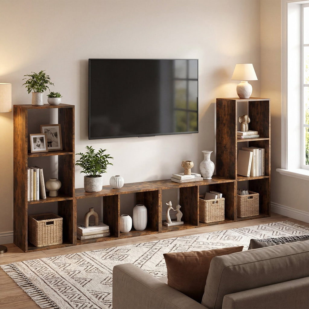 2 Cube Bookshelf with Back Guardrail for Living Room Bedroom-Rustic Brown