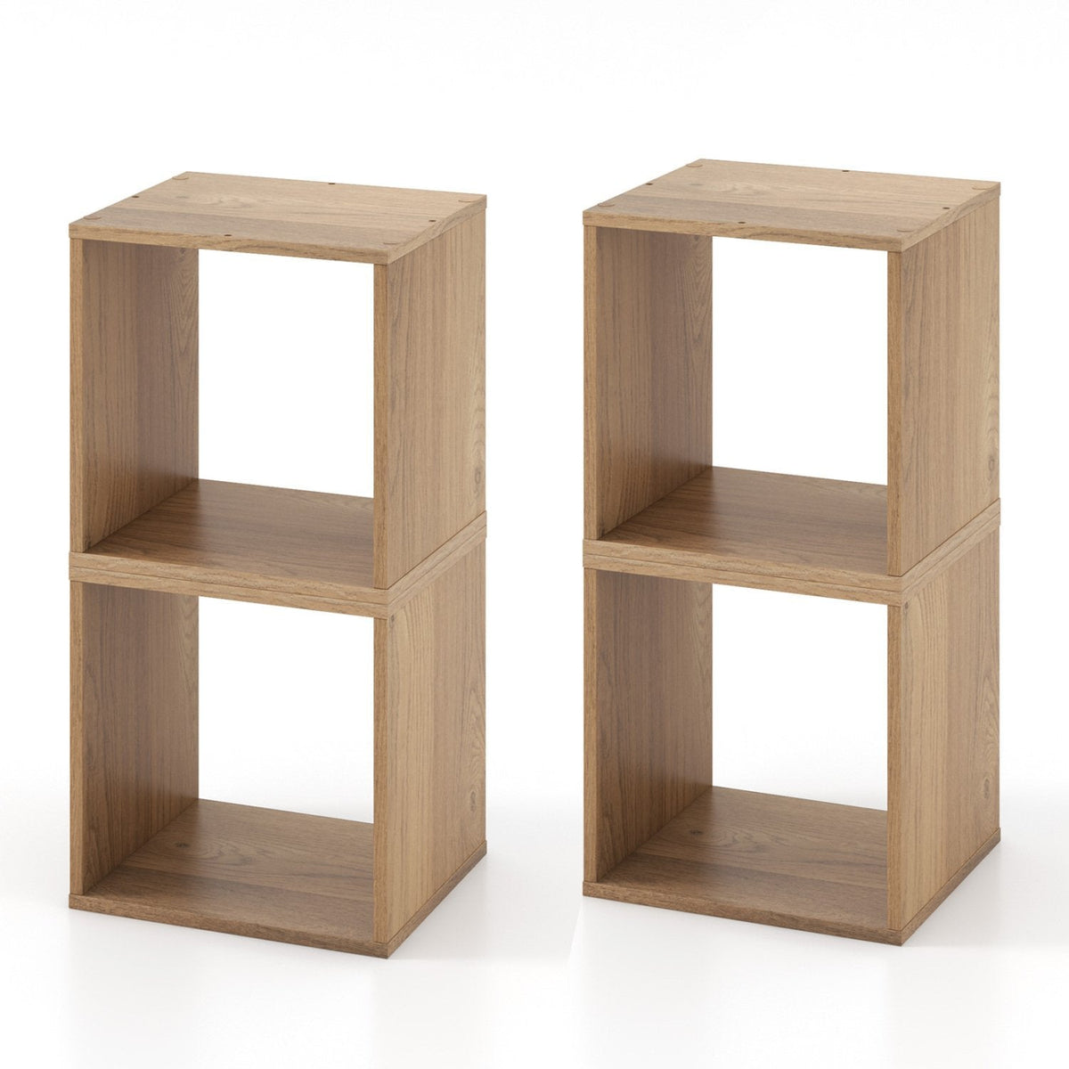 Stackable Cube Bookcase, Set of 2 Open Cubes, Natural Wood Look