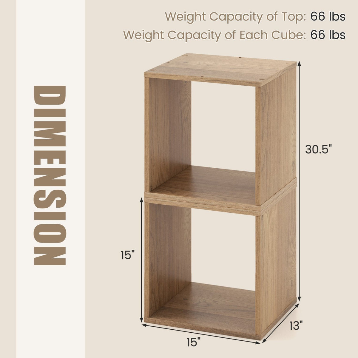 Stackable Cube Bookcase, Set of 2 Open Cubes, Natural Wood Look