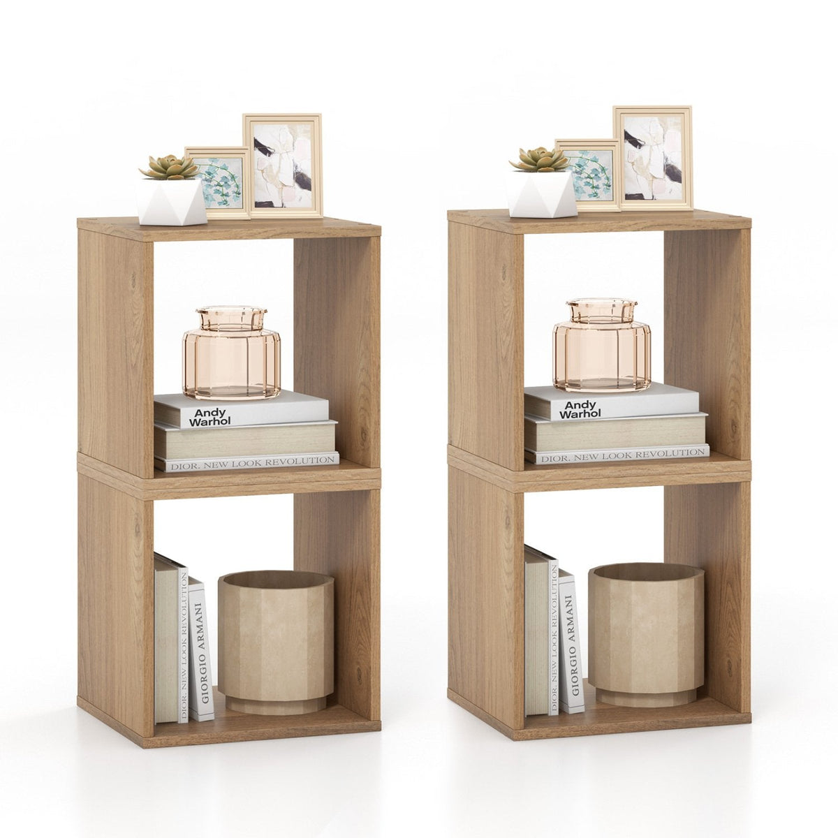 Stackable Cube Bookcase, Set of 2 Open Cubes, Natural Wood Look