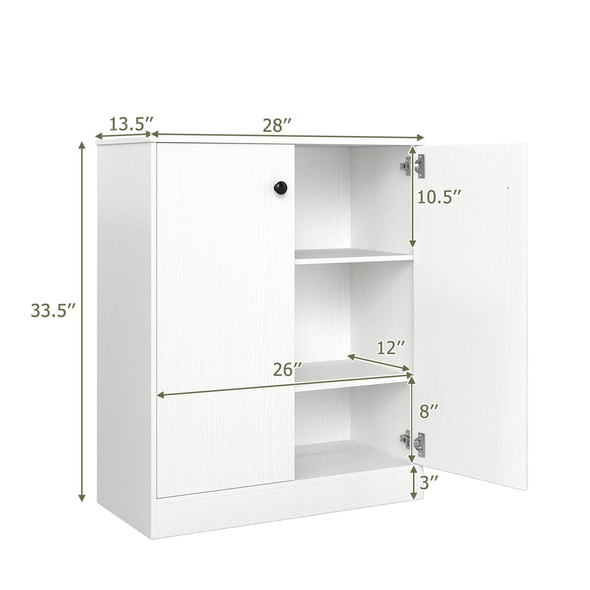2 Door Storage Base Cabinet with 3-Tier Shelf-White