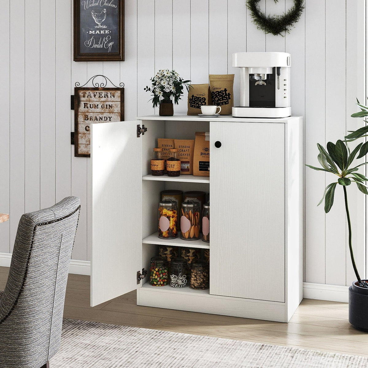 2 Door Storage Base Cabinet with 3-Tier Shelf-White