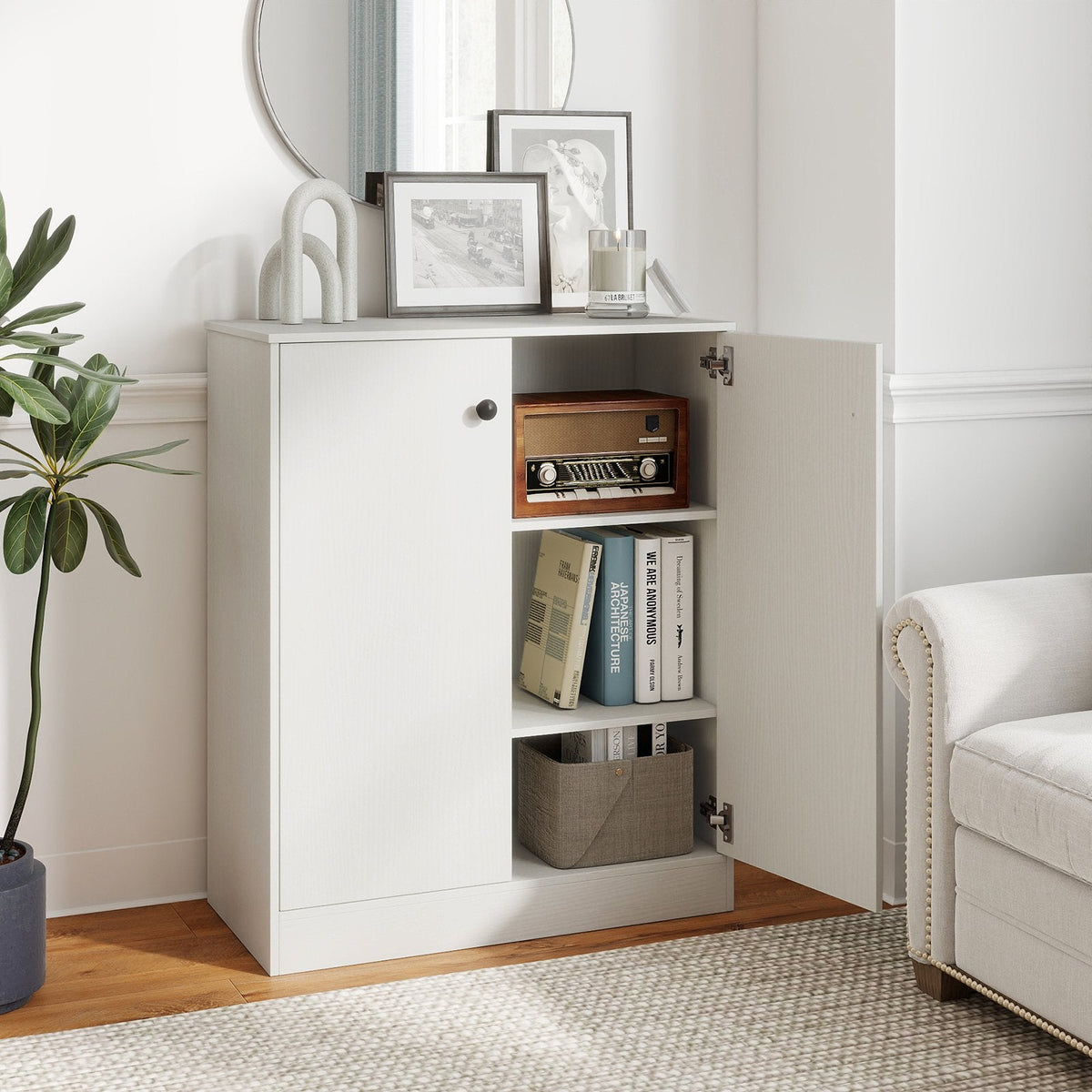 2 Door Storage Base Cabinet with 3-Tier Shelf-White