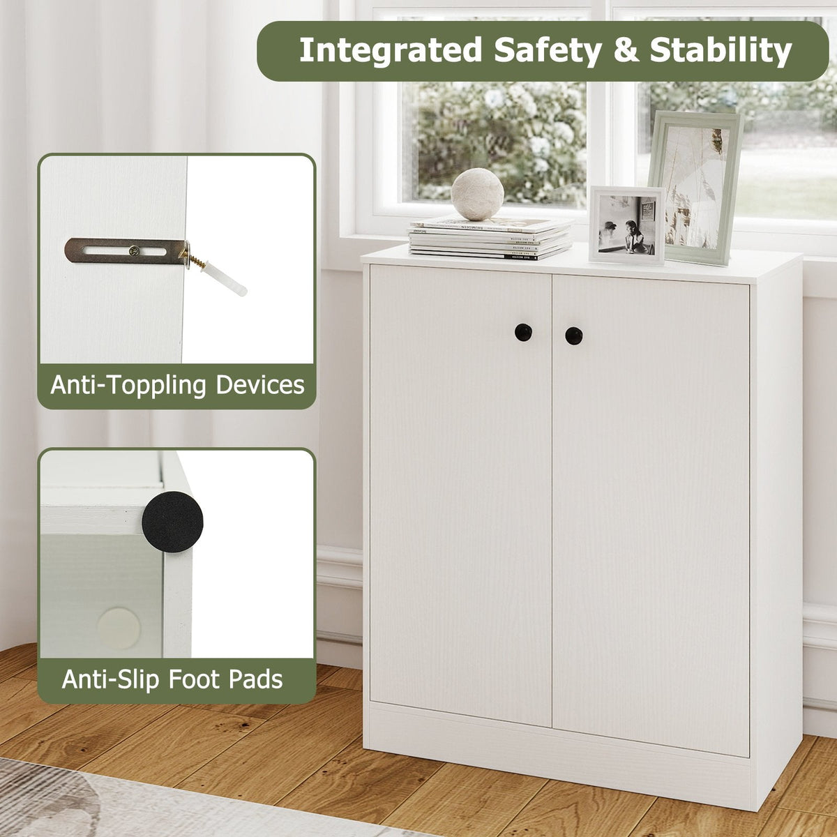 2 Door Storage Base Cabinet with 3-Tier Shelf-White