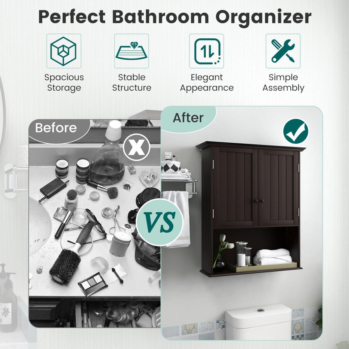 2-Door Wall Mount Bathroom Storage Cabinet with Open Shelf-Espresso