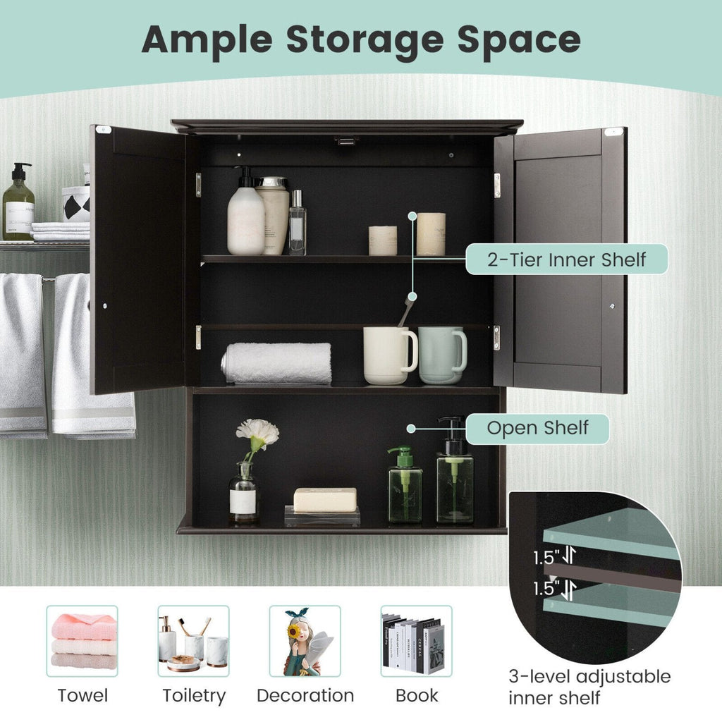 2-Door Wall Mount Bathroom Storage Cabinet with Open Shelf-Espresso