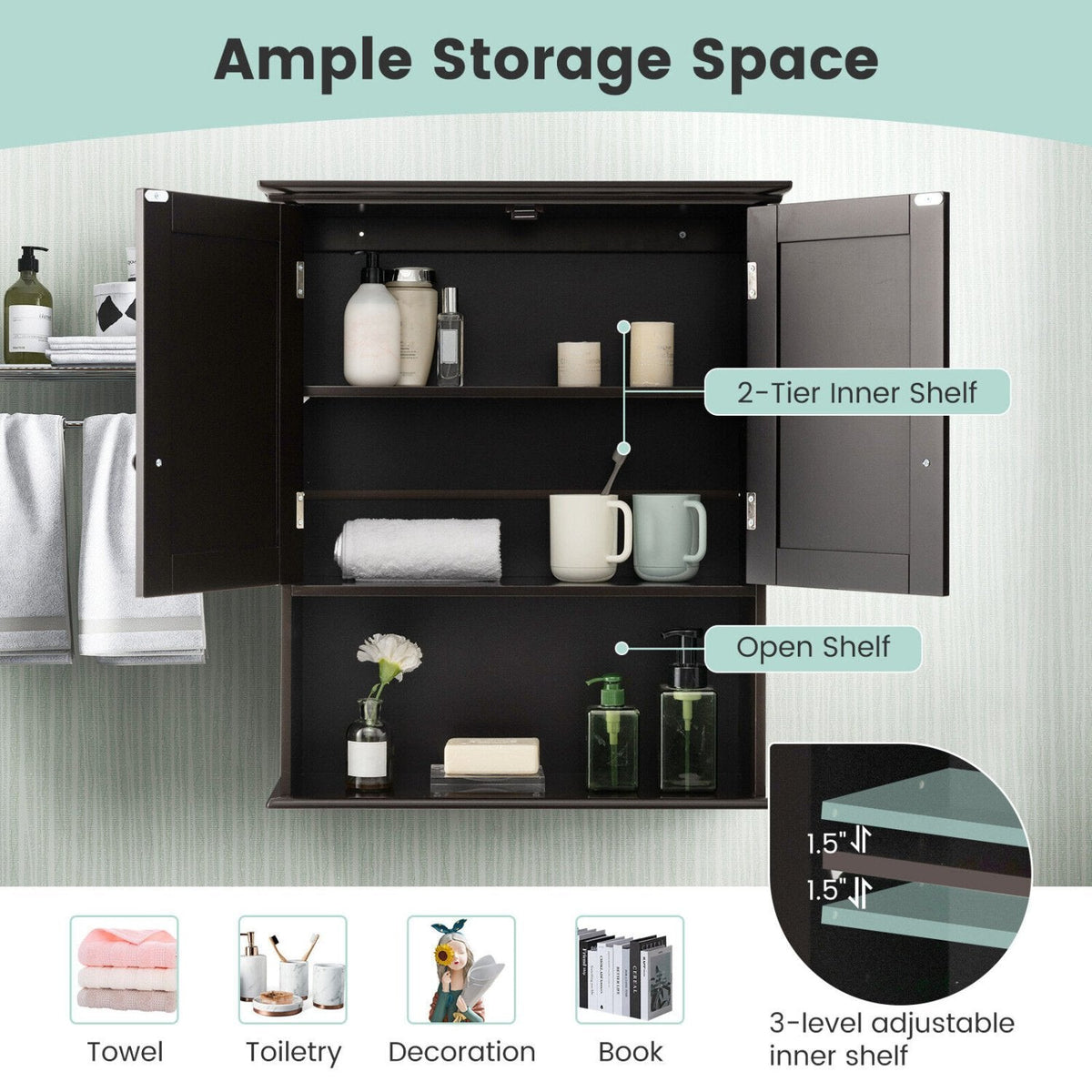 2-Door Wall Mount Bathroom Storage Cabinet with Open Shelf-Espresso