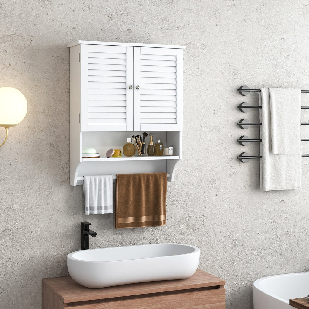 2-Doors Bathroom Wall-Mounted Medicine Cabinet with Towel Bar-White