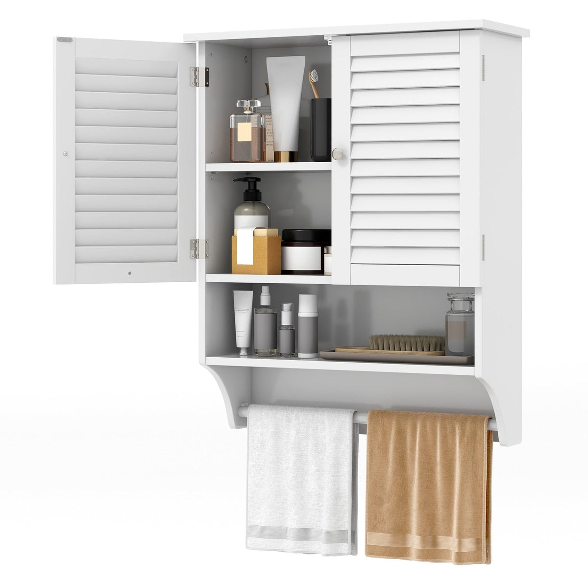 2-Doors Bathroom Wall-Mounted Medicine Cabinet with Towel Bar-White