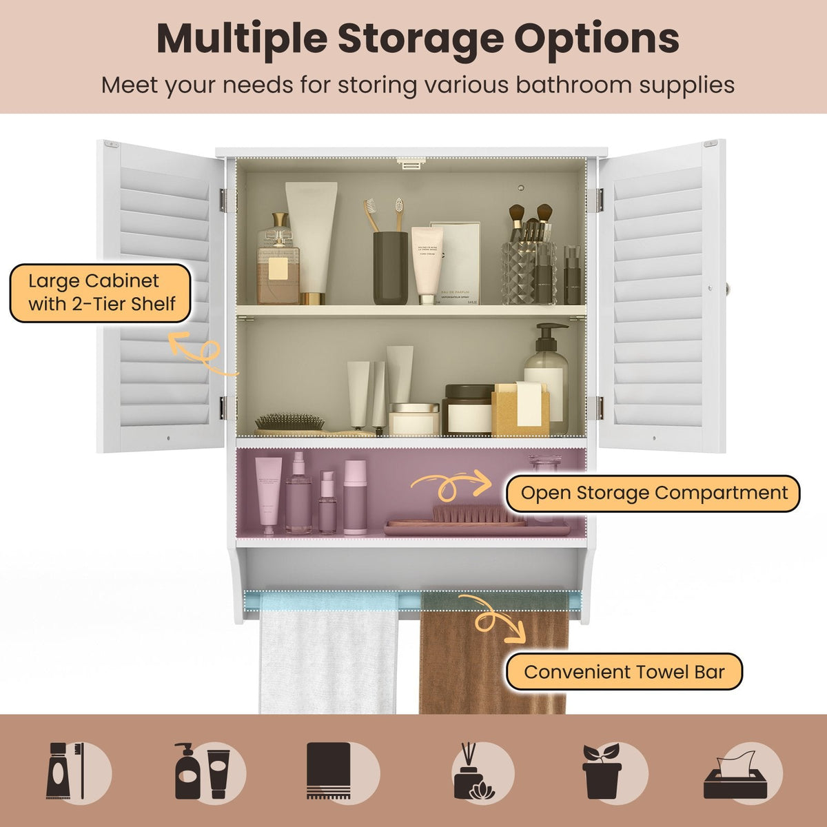 2-Doors Bathroom Wall-Mounted Medicine Cabinet with Towel Bar-White