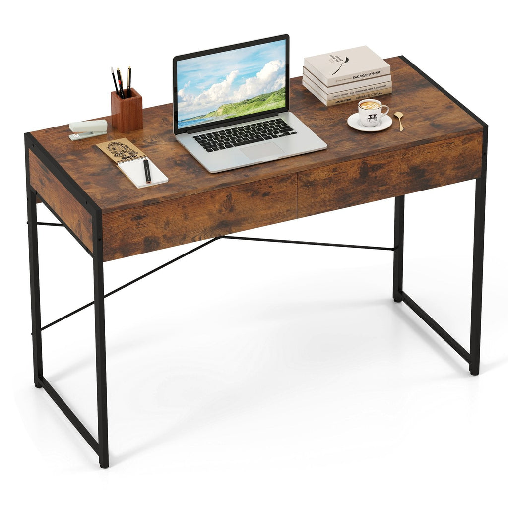 2-Drawer Home Office Desk with Steel Frame-Brown
