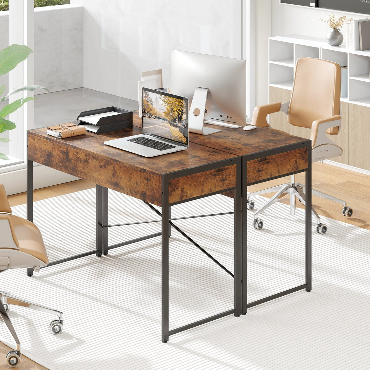 2-Drawer Home Office Desk with Steel Frame-Brown