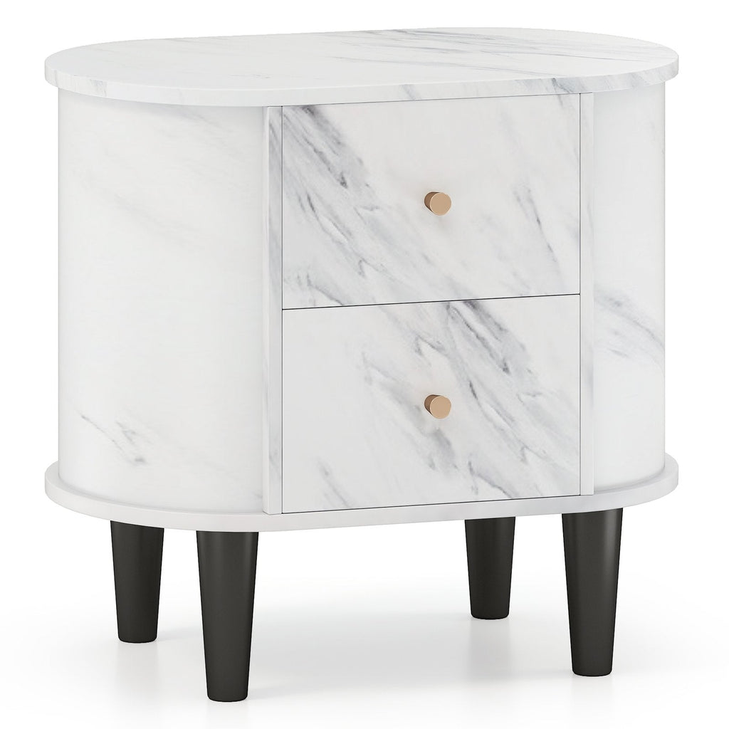 2 Drawer Nightstand, Modern Faux Marble Bedside Table, White