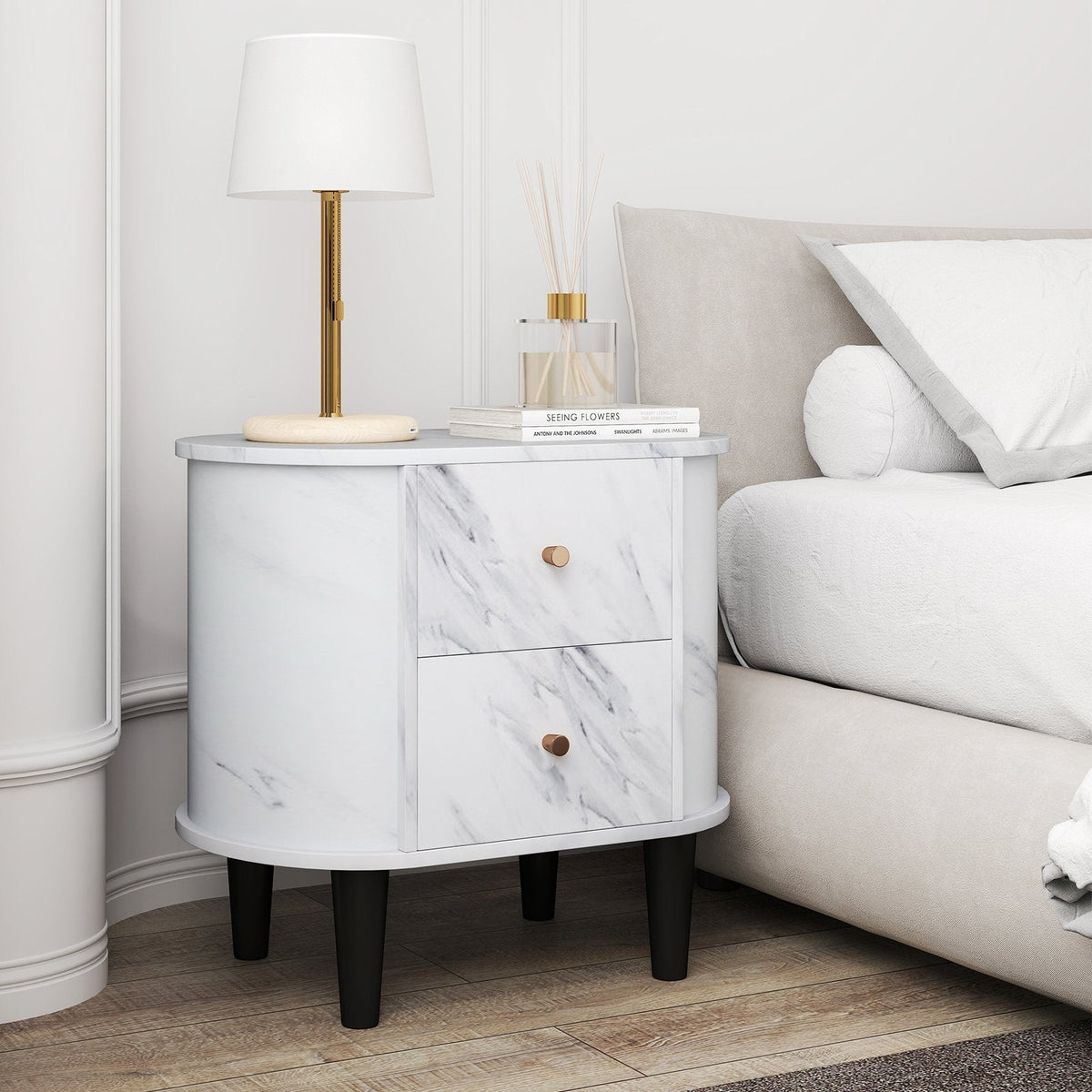 2 Drawer Nightstand, Modern Faux Marble Bedside Table, White