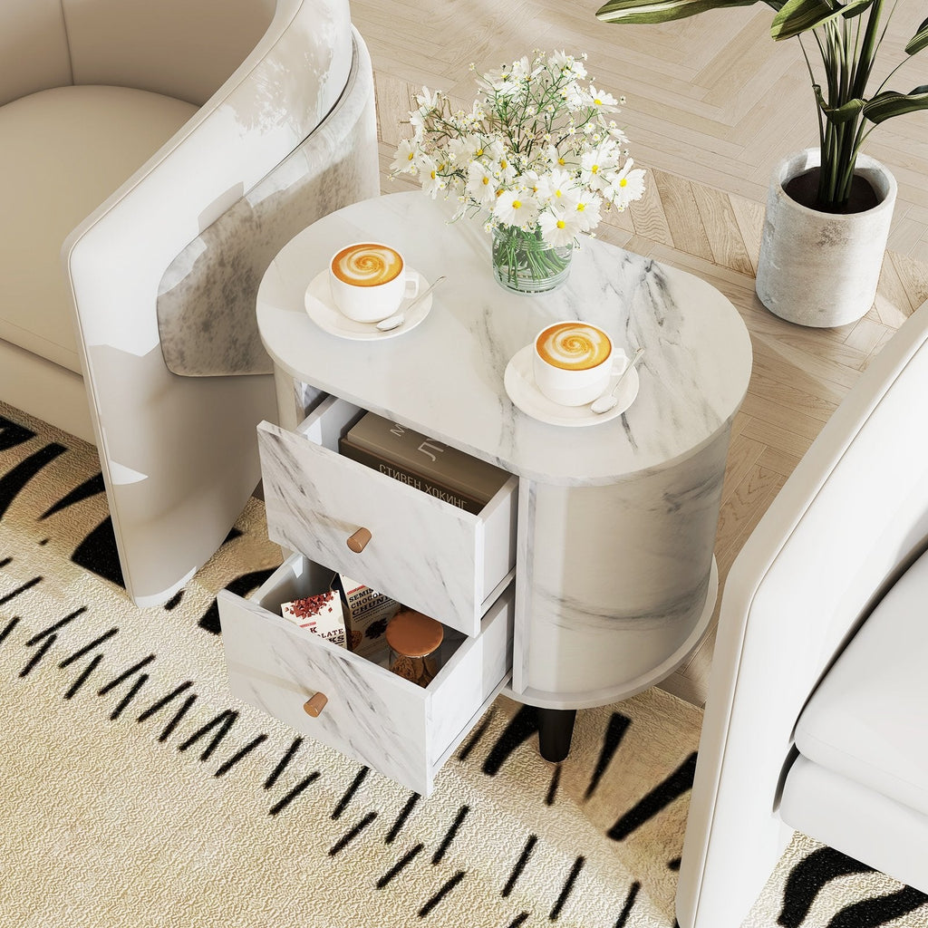 2 Drawer Nightstand, Modern Faux Marble Bedside Table, White