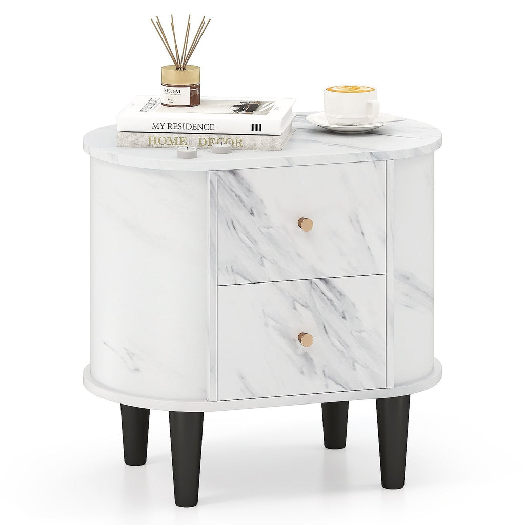 2 Drawer Nightstand, Modern Faux Marble Bedside Table, White
