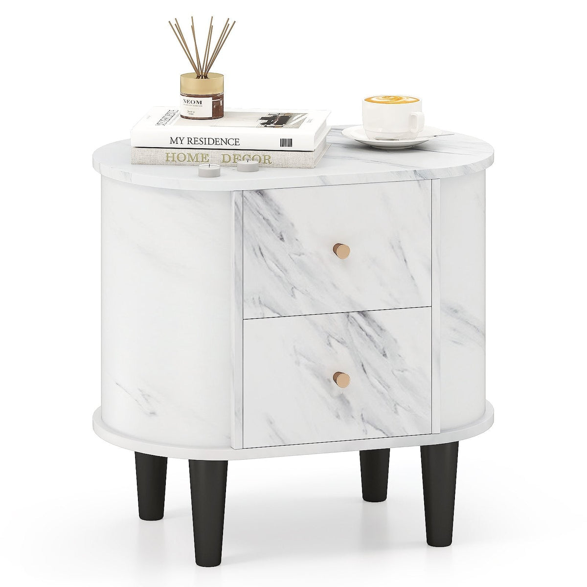 2 Drawer Nightstand, Modern Faux Marble Bedside Table, White