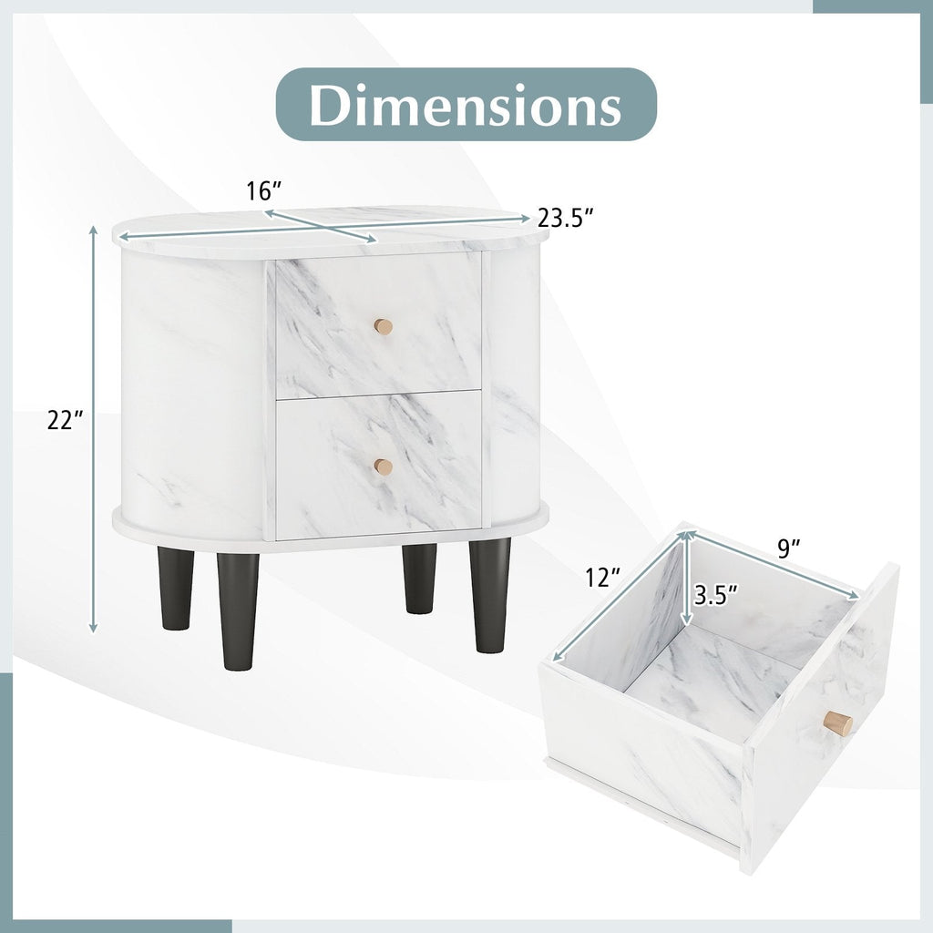 2 Drawer Nightstand, Modern Faux Marble Bedside Table, White