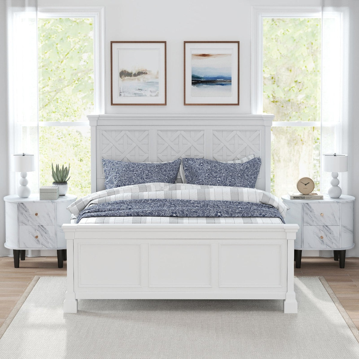 2 Drawer Nightstand, Modern Faux Marble Bedside Table, White