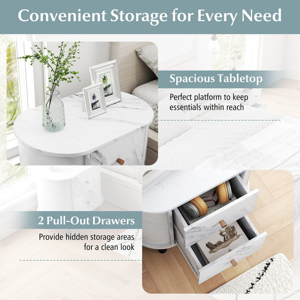 2 Drawer Nightstand, Modern Faux Marble Bedside Table, White