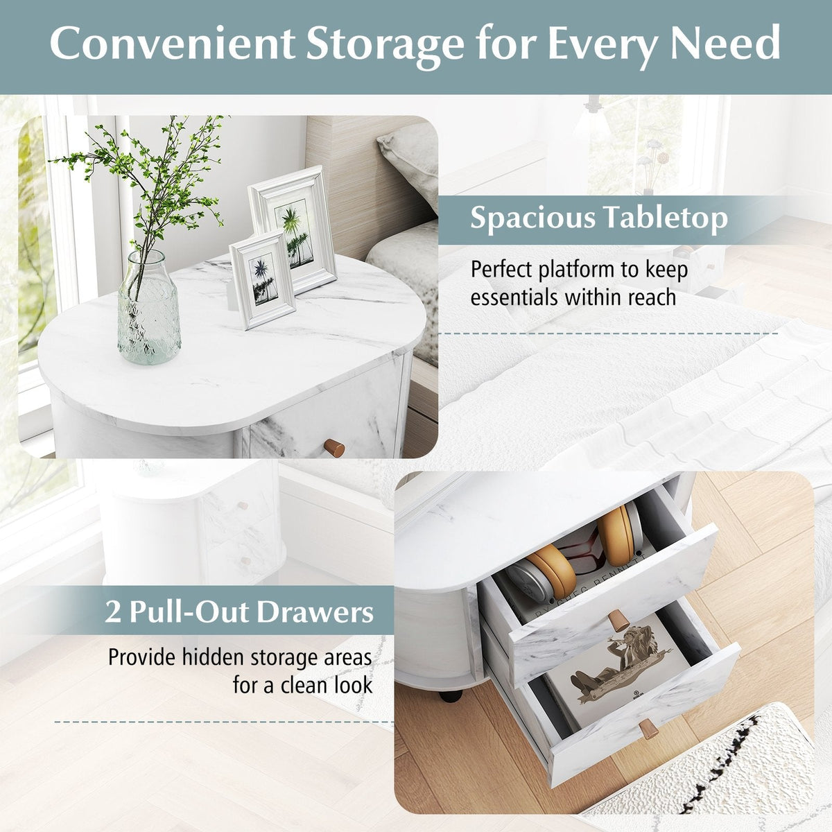 2 Drawer Nightstand, Modern Faux Marble Bedside Table, White