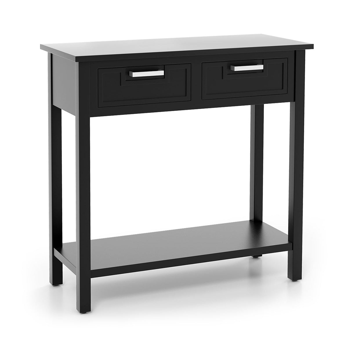 Narrow Console Table with Drawers and Open Storage Shelf-Black