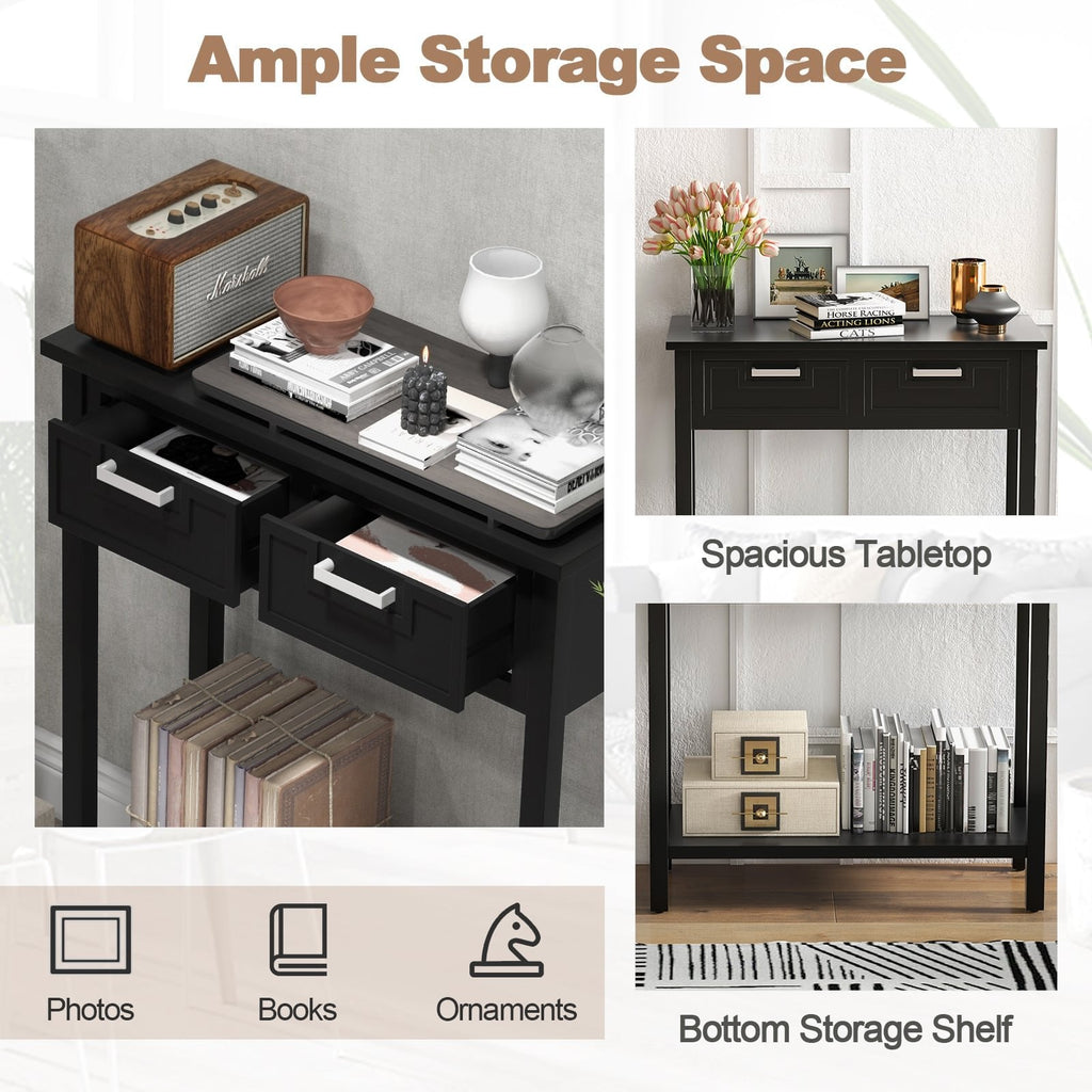 Narrow Console Table with Drawers and Open Storage Shelf-Black