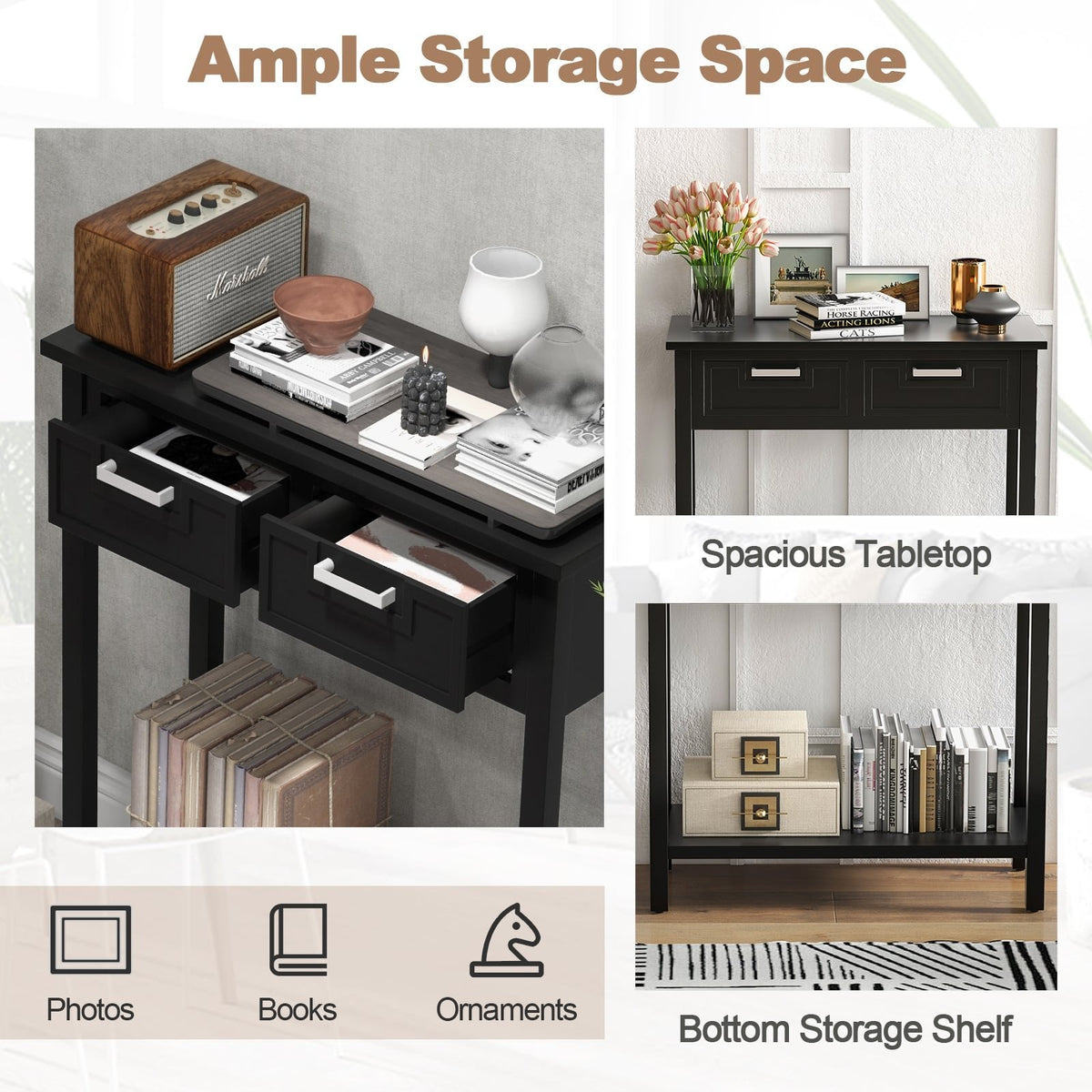 Narrow Console Table with Drawers and Open Storage Shelf-Black