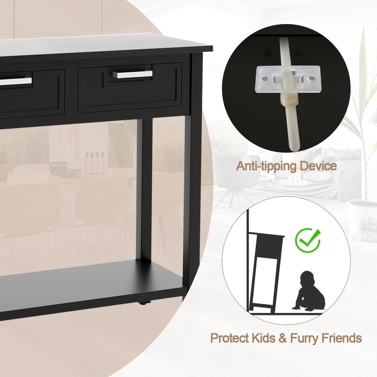 Narrow Console Table with Drawers and Open Storage Shelf-Black