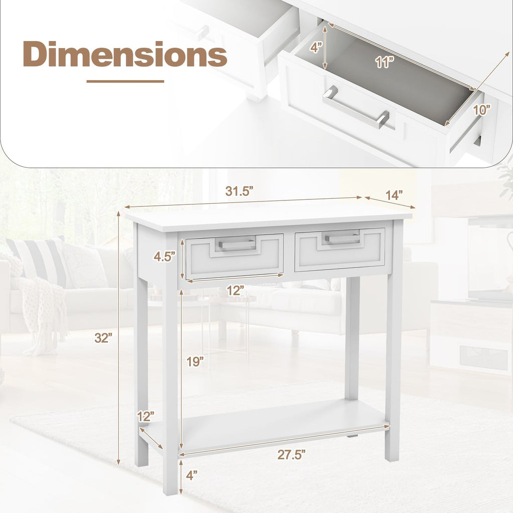 Narrow Console Table with Drawers and Open Storage Shelf-White